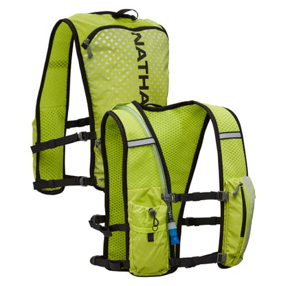 Nathan Hypernight QuickStart 2.0 4 Liter Hydration Pack w/ 1.5L Bladder, Reflective to Be Seen at Night, Front Water Bottle Pockets, Moisture Wicking, Unisex - style: Hi Vis Yellow/Geo Print
