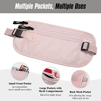 MoKo Travel Money Belt with RFID Blocking, 3 Pockets, Pink - color: Pink, size: Waist for 28"-50"