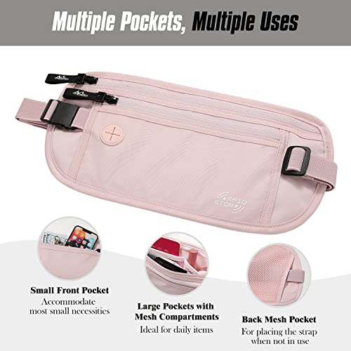 MoKo Travel Money Belt with RFID Blocking, Hidden Slim Wallet, Pink - color: Pink, size: Waist for 24"-38"