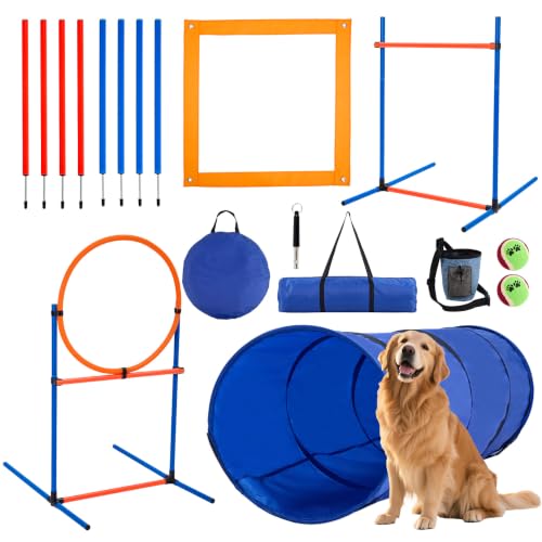5 in 1 Dog Agility Equipment Set, Complete Agility Training Equipment Kit with Dog Tunnel, Adjustable Jump Hurdle, Jump Ring, Weave Poles & Pause Box, Portable Plastic Pet Obstacle Training Gear