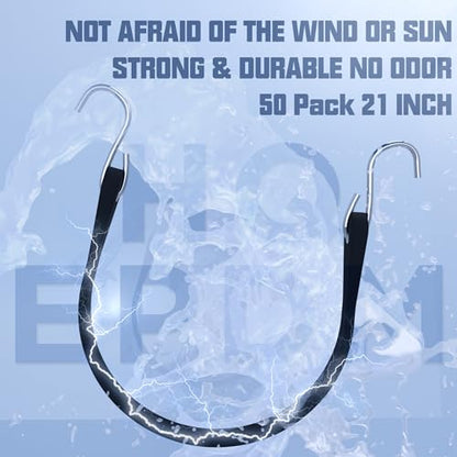 KJE 50Pack 21" Rubber Bungee Cords with S Hooks - Quality EPDM, Heavy Duty Black Bungee Straps, Ideal for Outdoor Tie Downs, Securing Tarps, Canvases, Cargo in Cold Hot Climates - size: 21"(L)-50Pcs