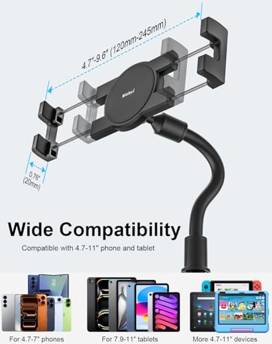 Gooseneck Spin Bike Tablet Mount, Elliptical Treadmill Tablet Holder, Indoor Peloton Stationary Exercise Bicycle Handlebar Clamp for iPad Pro Air Mini, Galaxy Tabs, Kindle, E-Book, 4-11" Device