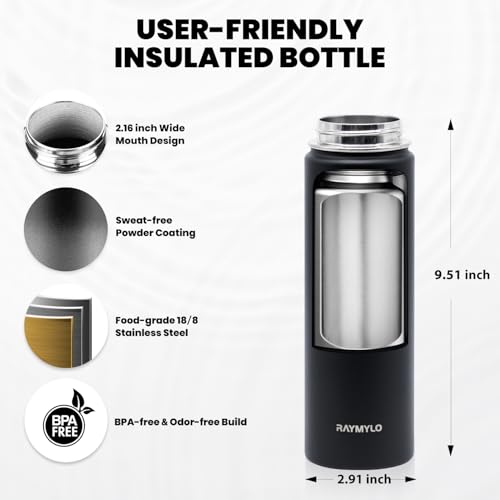 RAYMYLO Insulated Water Bottle 20 oz, Triple Wall Vacuum Stainless Steel - color: Magic Black, size: 20 Ounces