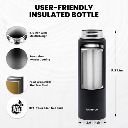 RAYMYLO Insulated Water Bottle 20 oz, Triple Wall Vacuum Stainless Steel - color: Magic Black, size: 20 Ounces