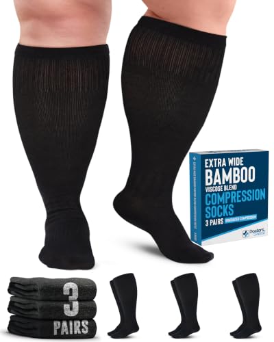 Doctor's Select® 3 Pairs Plus Size Compression Socks Wide Calf - Bamboo Viscose Knee High Socks | Circulation Support - color: 02 - All Black - 3 Pairs, size: X-Large