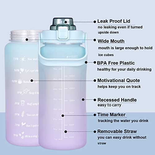 RYI Large Half Gallon 64 OZ Motivational Water Bottle with Straw Time Marker BPA Free for Sport and Fitness Purple Green - color: purple-green