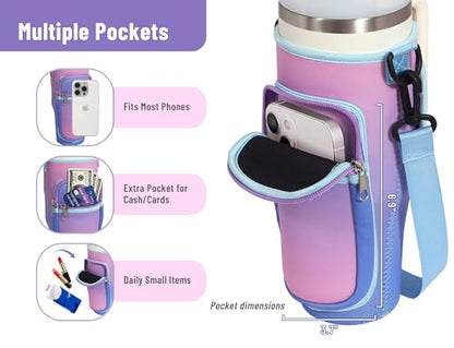 DLOCCOLD Water Bottle Carrier Bag with Phone Pocket for 40 oz Tumbler, Water Bottle Holder with Adjustable Shoulder & Handheld Strap, Carrier Sling Bag for Water Bottle Walking Camping Travelling - color: Purple Ripple