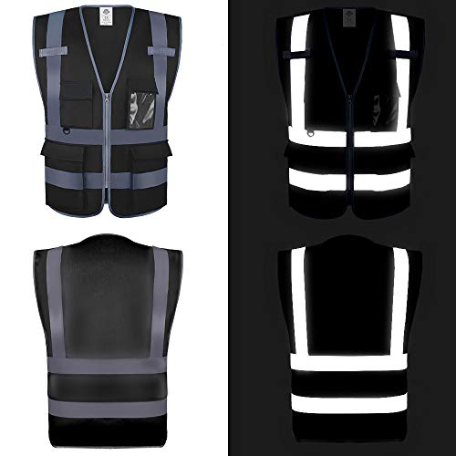 Dazonity High Visibility Safety Vest with Multi Pockets and Zipper, XL,Reflective Strips, Fit for Men & Women, Work, Construction,Cycling, Runnning, Surveyor, Volunteer (Black-XL) - color: Black-xl
