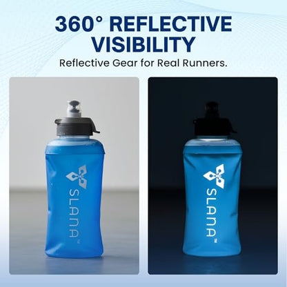 Handheld Running Water Bottle 18 oz – Grip-Free Collapsible Water Bottles for Running with Adjustable Strap & Thumbhole, Expandable Phone Pocket, Race Cap for One-Hand Drinking - color: Blue