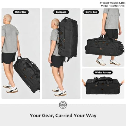 STOVER 100L U-Zip Rolling Duffel Bag with Wheels, Expedition Series X-Large Durable Travel Duffle + Toiletry Bag, Lay-Flat Opening, Packable with Shoulder Straps - Use as Luggage or Backpack (Black) - color: U-Zip Expedition Black