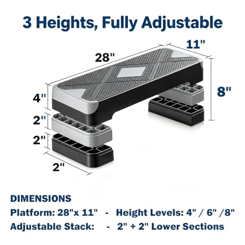Aerobic Exercise Step Platform, 28-Inch Workout Aerobic Stepper, Height Adjustable Fitness Training Step Deck Trainer with 4 Risers, Non-Slip Surface Bench for Home Gym Cardio Strength 29" x 11.5" x 4" - color: Black-Grey