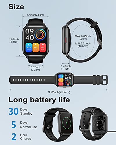 RUIMEN Smart Watches for Men Women (Answer/Make Call, 2 Bands), 1.8", Black - color: Black