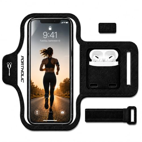 PORTHOLIC Running Armband Phone Holder with Earphone Pouch Fits up to 6.9" - color: Black(Up to 6.9'')