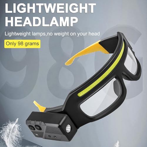 LED Rechargeable Headlight Glasses with Motion Sensor & Touch Control 5 Modes USB C Light Up Glasses Lighted Eyewear - color: Black+yellow