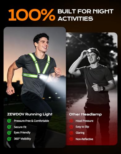 Zewdov 800LM Ultra Bright Running Lights for Runners, 7 Modes & 360° Reflective Running Gear, IPX4 Waterproof, 45° Adjustable Rechargeable Running Light for Walking/Hiking/Cycling/Working/Jogging