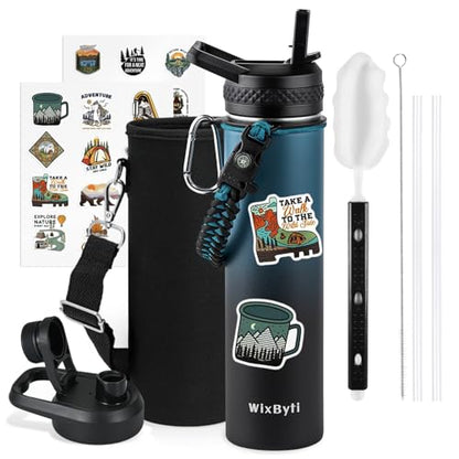 WixByti 24 oz Insulated Water Bottle with Straw, Stainless Steel Water Jug - color: Blue/Black Gradient, size: 24 Ounces