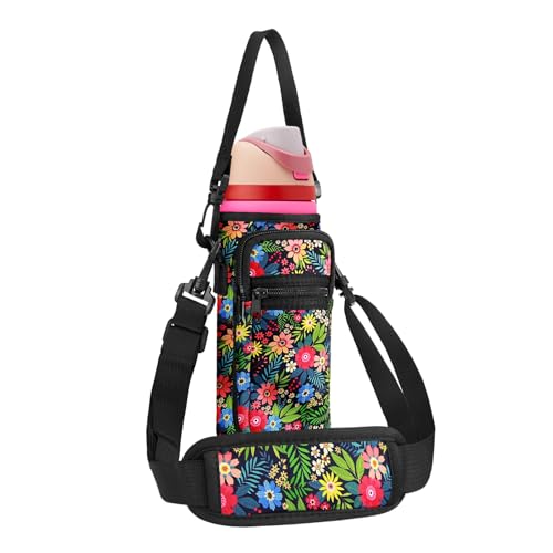 Neoprene Water Bottle Holder Bag with Cell Phone Pocket Compatible with Owala FreeSip 24 oz，Water Bottle Carrying Bag ，with Adjustable Shoulder Strap,for 24oz Stainless Steel Water Bottle - color: Wild Flower