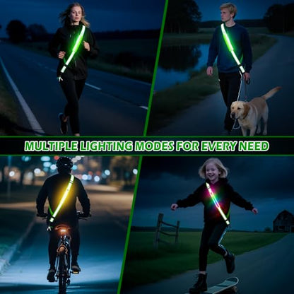LED Reflective Belt Sash, Rechargeable LED Light Night Safety Walking Gear, High Visibility Adjustable Reflective Gear for Runners Walkers Cyclists at Night (Green) - color: Green