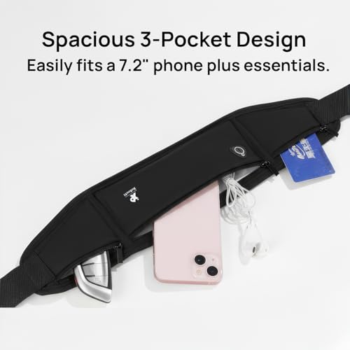 Large Capacity Running Belt Waist Pack for Men Women, Sports Bags, Bum Bags, 3-Pocket Waterproof Fanny Pack for Phones up to 7.2", Adjustable Fitness Pouch for Workout (Black)