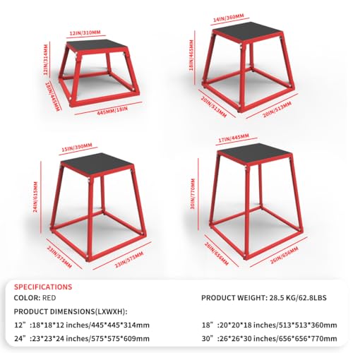GarveeLife Plyometric Jumping Box, Steel Plyo Box for Exercise - color: Red, size: 12/18/24 Inch