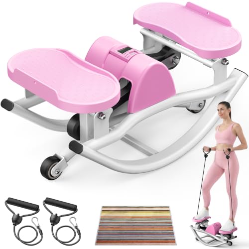 Rocking Stepper with Resistance Bands, 3D Side-to-Side Motion Mini Stepper for Women Home Workout, Low Impact Lateral Step Machine with Non-Slip Mat and Digital Counter, 250lbs Capacity