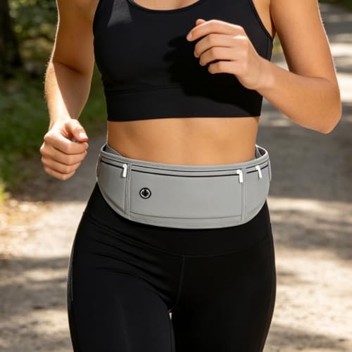 Slim Running Belt for Men & Women, Ultra Lightweight Waist Pack with Earphone Hole, Reflective Jogging Belt for Phone & Keys (Grey) - color: Grey