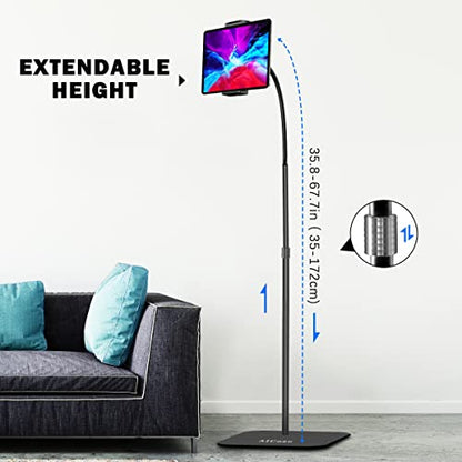 AICase Aluminium Adjustable Height Adjustable (91 cm - 137 cm) & 2.2 kg Stable Base with Gooseneck Compatible with iPad/Tablet from 4.6-13 Inches/Mobile Phone Holder Holder Floor Stand
