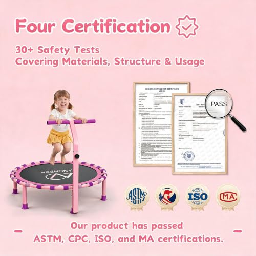 ANCHEER 38" Toddler Trampoline for Kids, ASTM Certified Foldable Mini Trampoline with Adjustable Foam Handle, Indoor & Outdoor Kids Trampoline, Quiet Design, 200 LBS Capacity, Easy Assembly - color: Pink Purple