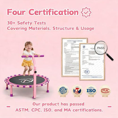 ANCHEER 38" Toddler Trampoline for Kids, ASTM Certified Foldable Mini Trampoline with Adjustable Foam Handle, Indoor & Outdoor Kids Trampoline, Quiet Design, 200 LBS Capacity, Easy Assembly - color: Pink Purple