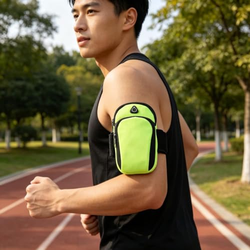 Running Armband with Earphone Bag, Armband Suitable for Most Phones, Water Resistant 2 Pockets (Green Yellow) - color: Green Yellow