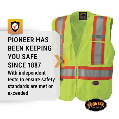 Pioneer Hi Vis Tear-Away Mesh Back Safety Vest for Men - Reflective Tape, 4 Pockets - Construction, Traffic, Security - Yellow - color: Hi-vis Yellow/Green, size: Medium