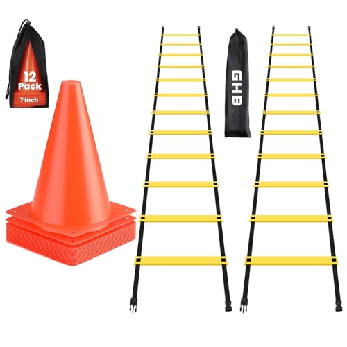 GHB Pro Agility Ladder 2 Pack and 7 Inch 12 Pack Soccer Cones 3 Carrying Bag