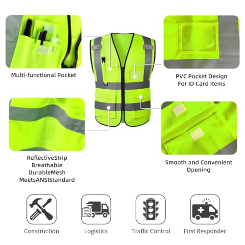 High Visibility Safety Vest with Reflective Strips & Pockets - color: Green, size: Medium