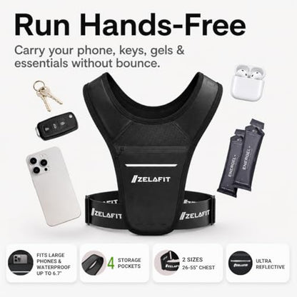 ZelaFit™ Running Phone Holder Vest for Women & Men – Lightweight Running Gear and Everyday Running Essentials – Chest Rig Phone Holder for Running (Black) - size: Small-Medium