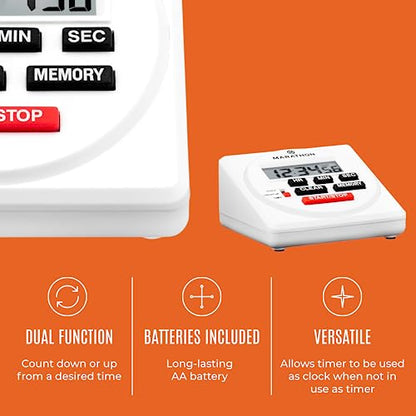 MARATHON 24-Hour Digital Timer, Large Display and Loud Ring Alarm, White