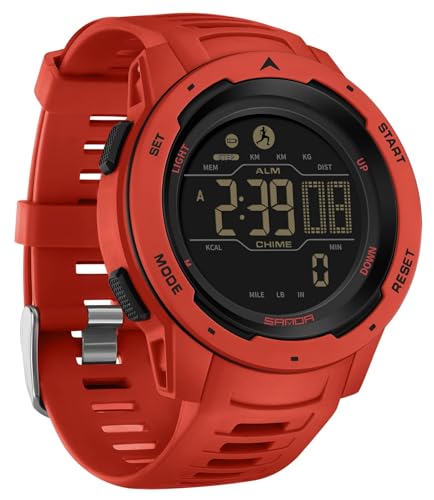 findtime Men's Digital Watch Waterproof Pedometer Watches Sport Watch Step Counter Calorie Military Watch with Stopwatch Alarm LED Backlight Countdown - color: red