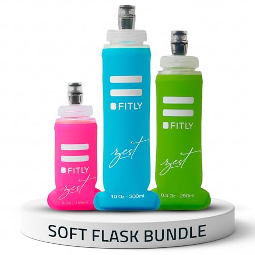 FITLY FLASKS Combo - 3 Handheld Soft Flask, Collapsible Water Bottles for Running, Marathon, Hiking, Cycling (5 oz, 8.5 oz, 13.5 oz / 150-250-400 ml) - color: Zest - Pink, Green, Blue, style: Modern