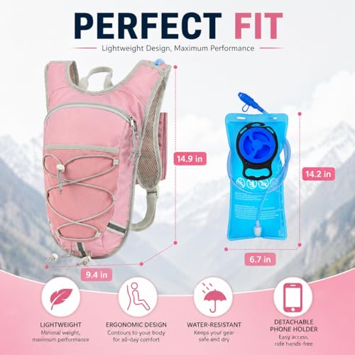 Lightweight Hydration Backpack 2L Water Bladder Pack for Running, Cycling, Hiking – Anti-Theft Water Backpack with Phone Holder, Trekking Pole Holder & Reflective Strips for Men & Women - color: Pink
