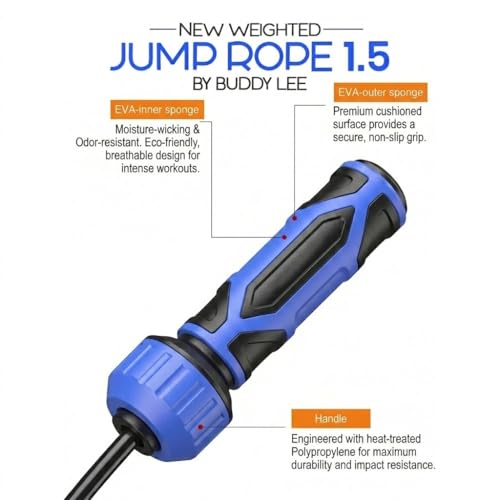 Buddy Lee Weighted Jump Rope 1.5 lbs – Heavy-Duty 10mm PVC Rope with Adjustable Length, Power Grip Handles & Carry Pouch | Jump Rope - color: Grey/Black