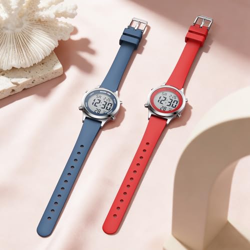 GOLDEN HOUR Waterproof Women's Digital Sports Watches with Silicone Strap, Alarm Calendar Stopwatch Chronograph 32mm Rose Gold Case - color: Blue/Silver
