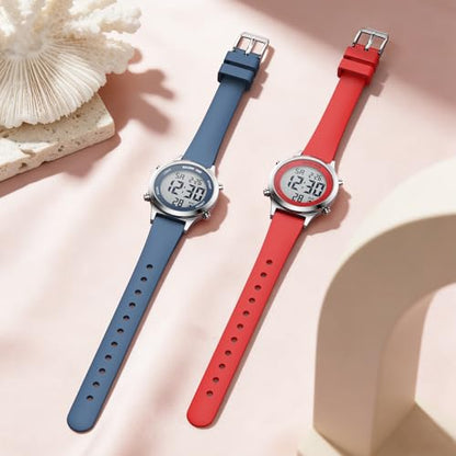 GOLDEN HOUR Waterproof Women's Digital Sports Watches with Silicone Strap, Alarm Calendar Stopwatch Chronograph 32mm Rose Gold Case - color: Blue/Silver