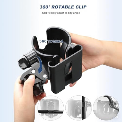 WHLICKS 2-in-1 Walker Cup Holder with Reversible Phone Holder，Fit for Wheelchair, Rollator, Scooter, Bike, Mobility, Camper, Stroller with Sturdy,Rotatable,Adjustable and Anti - Slip Clip - size: Reversible