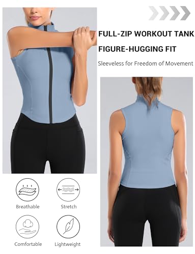 FEOYA Women Sleeveless Athletic Tank Top Shirts Full Zip Up Tshirt for Yoga Running Fitness Exercise - color: Upgrated Blue, size: Small