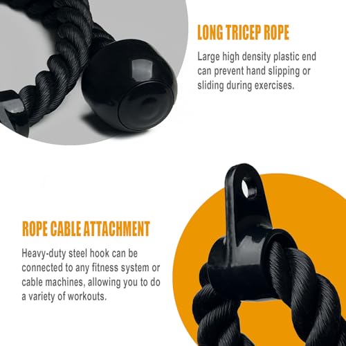 Long Tricep Rope, Rope Pull Down Attachment 47 55 63Inch Length Long, Tricep Rope Cable Attachment, Tricep Pull Down Rope for Home Gym Pulley System,Cable Machine Attachment - color: Length 63''
