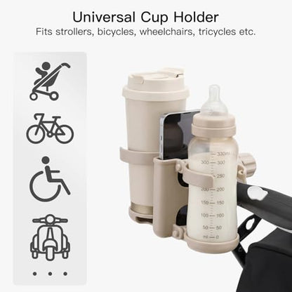 Gromast 3 in 1 Foldable Stroller Cup Holder with Phone Holder, 360° Rotatable Bottle Holder, Universal Cup Holder for Baby Stroller, Tricycle - Khaki - color: Khaki-3-in-1