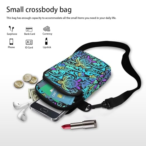Hawaiian Tribal Small Crossbody Bags for Women Cell Phone Bag Purse, Sea Turtle Zipper Sling Purses Shoulder Bag - color: Neon Aqua Blue Turtle