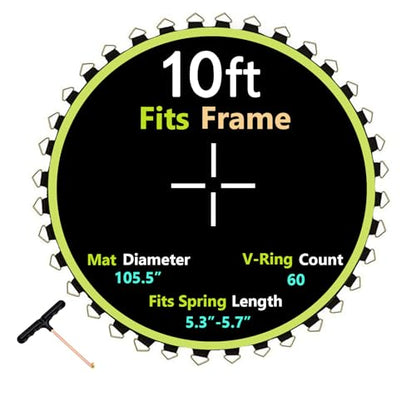 Trampoline Replacement Mat, Dia:105.5", Fits 10ft Frame, with 54/56/60/64 V-Rings for Choose and Spring Tool, Fits 5.3"-5.7" Springs, UV-Resistant - size: 60 V-Rings | 105.5" Diam