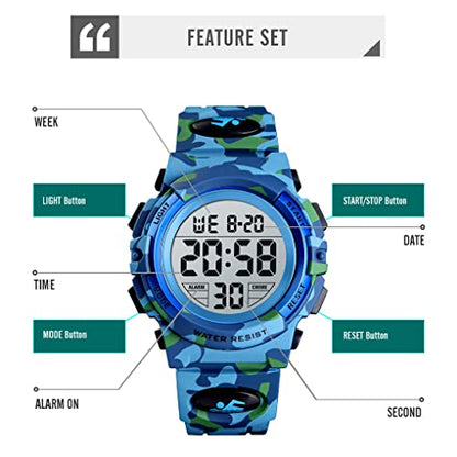 Dayllon Kids Digital Watch Boys Outdoor Sports 50M Waterproof Girls Watches Alarm Clock 12/24 H Stopwatch Calendar for Ages 3-15 Boy Girl Wristwatch Kids Gift - color: Camo Light Blue X( 8-15 Year Old)
