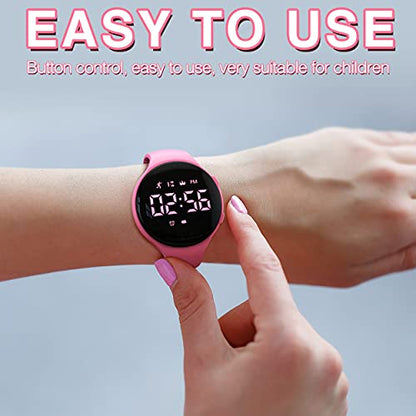 Non-Bluetooth Led Fitness Tracker Watch,Digital Pedometer Watch,with Step Counting/Distance/Calories/Stopwatch/Alarm Clock, Great Gift for Kids Teens Girls Boys Xmas - color: Round - pink