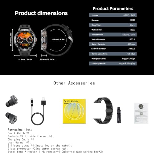 Military Smart Watch with Earbuds for Men and Women,+ Metal Band - color: Black RD +Steel band& 2Glass